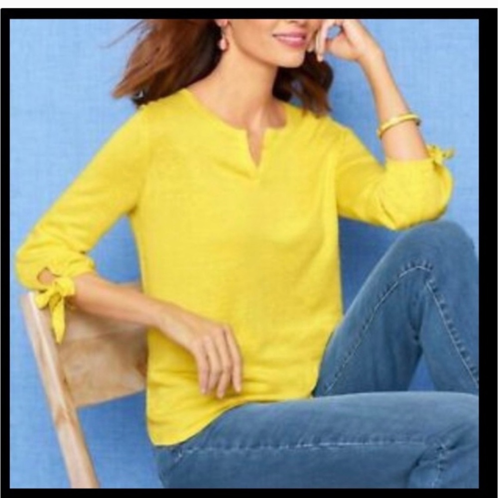 TALBOTS Yellow Linen V-neck Pullover 3/4 Tie Sleeve Top plus size 1X 14/16